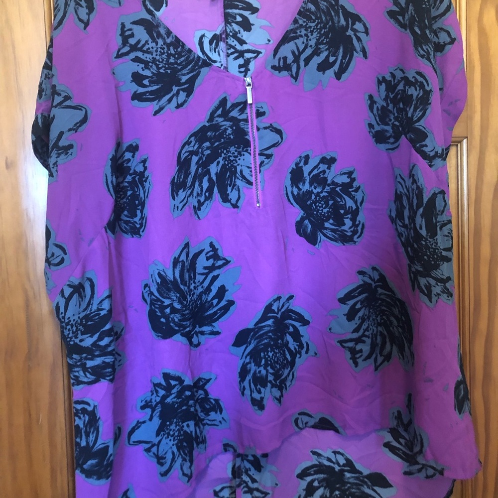 Short sleeve beautifully rich sheer top by Venezia.  Split back, 100% polyester